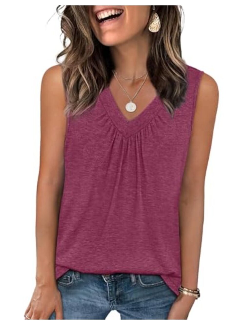 Women's Pleated V Neck Sleeveless Tank Top Soft Breathable Casual Summer